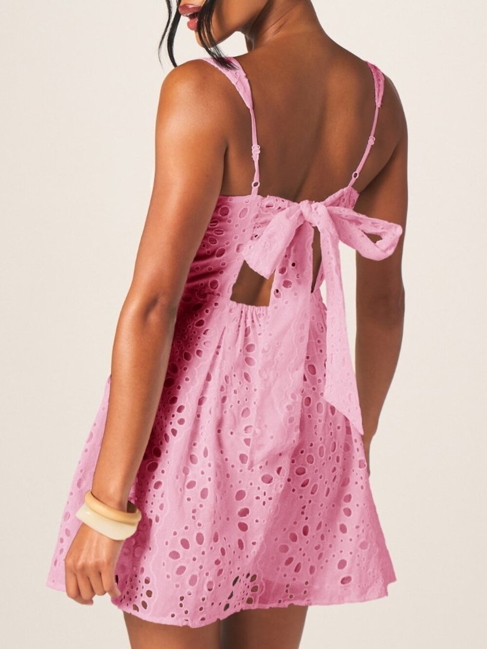 Pink Elegant Women's Eyelet Mini Dress with Bow Back - Picture 4 of 5